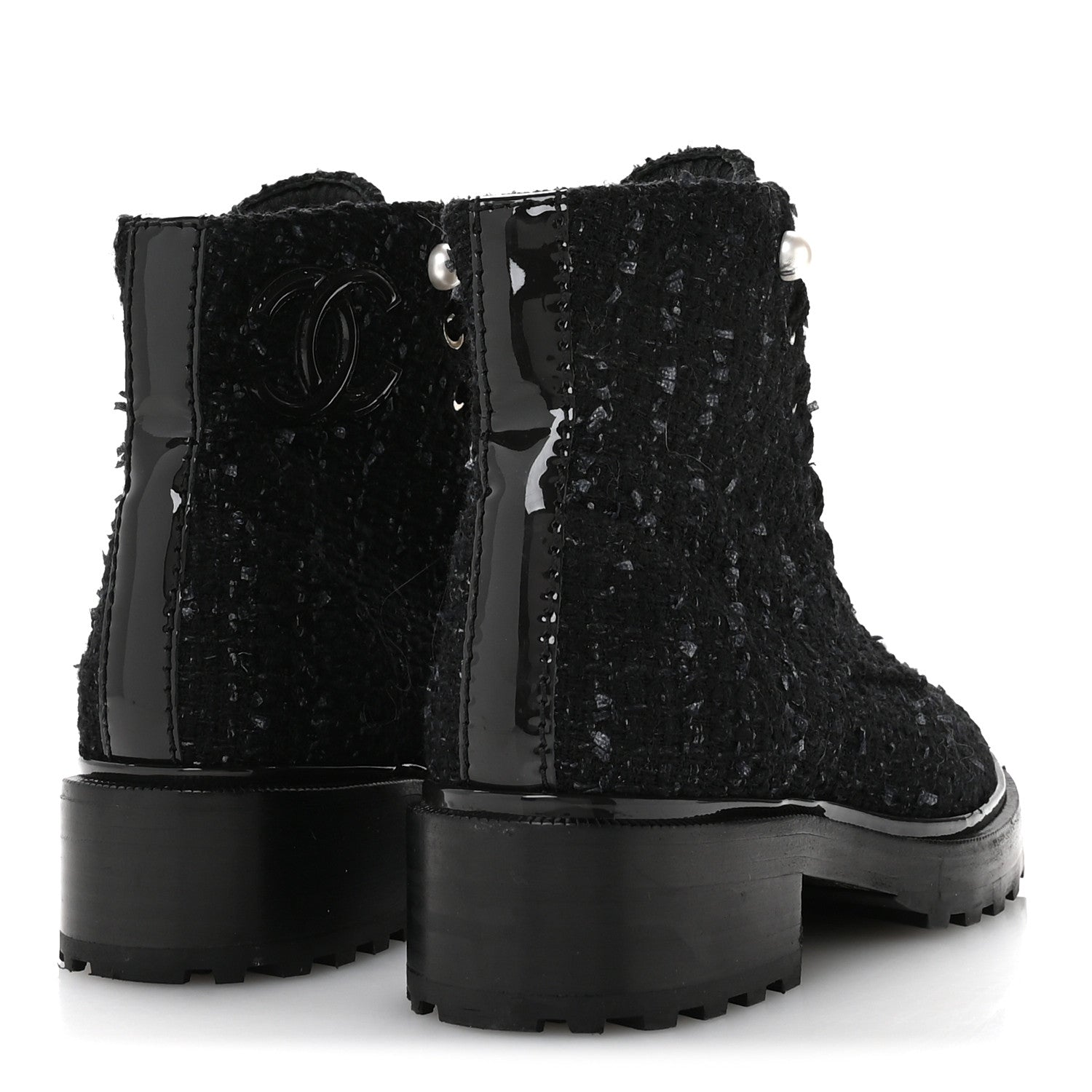 Chanel Tweed Patent Calfskin Pearl Combat Short Boots 37  Black Grey Blue