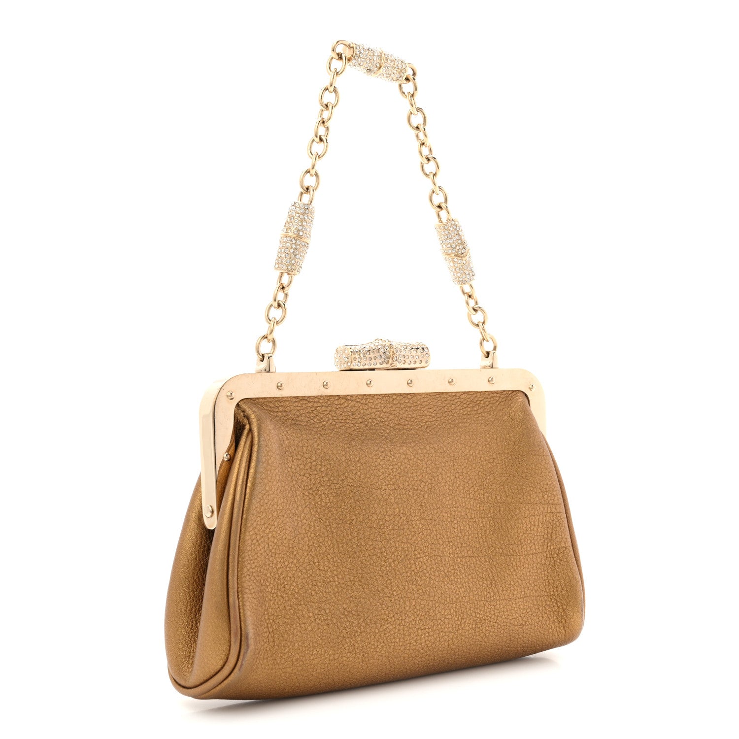 Gucci Metallic Grained Calfskin Crystal Frame Evening Bag Bronze