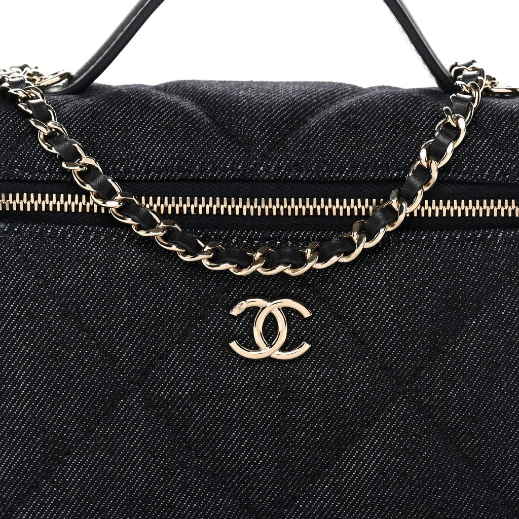 Chanel Denim Quilted Top Handle Slim Vanity Case With Chain Dark Blue