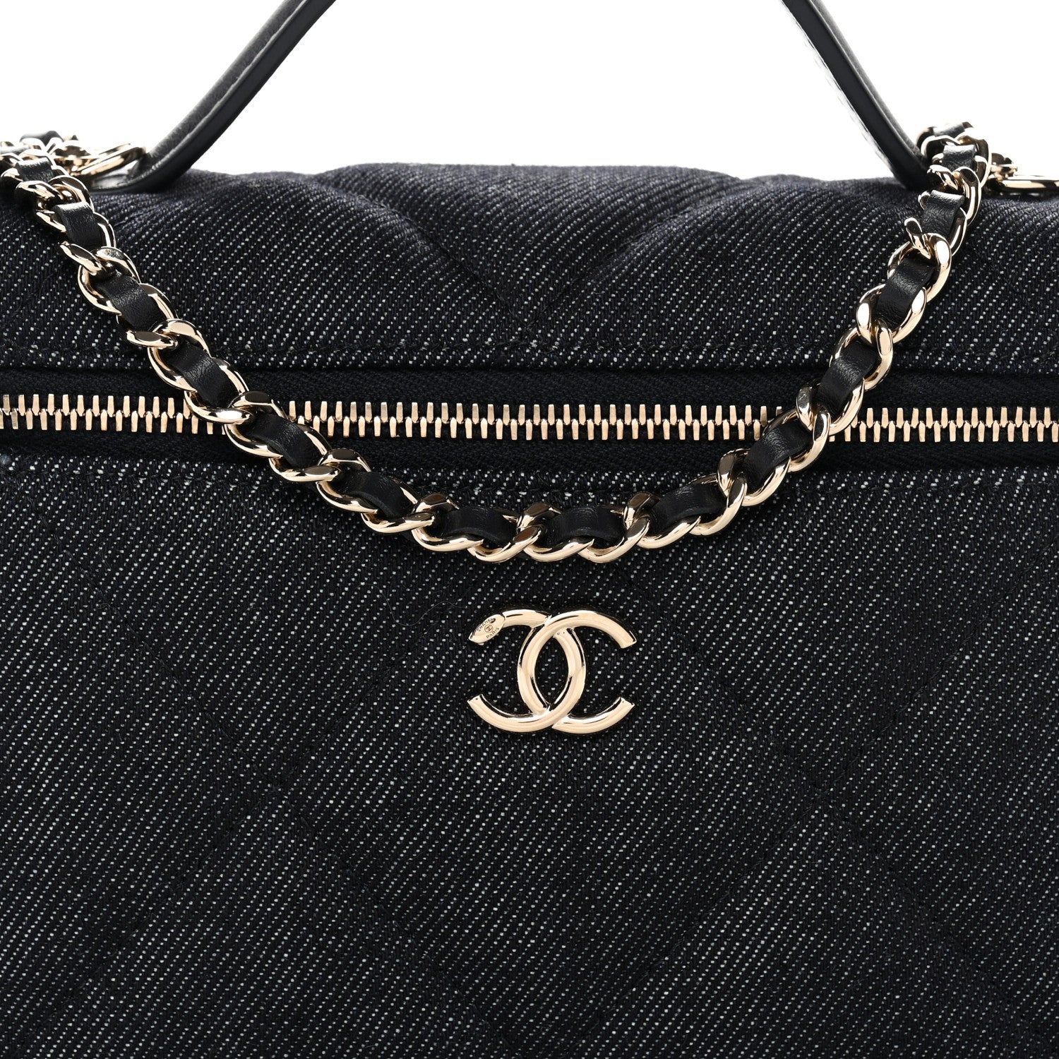 Chanel Denim Quilted Top Handle Slim Vanity Case With Chain Dark Blue