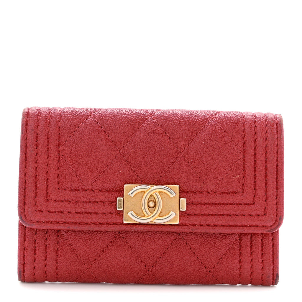 Caviar Quilted Boy Flap Card Holder Wallet Red
