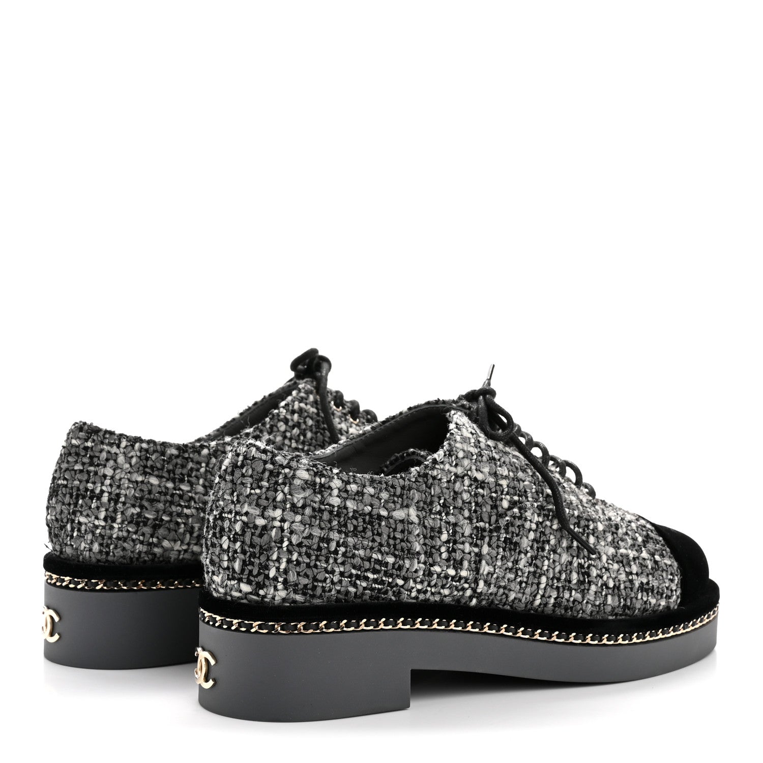 Chanel Tweed Suede CC Lace Up Oxfords 38.5 Grey Black