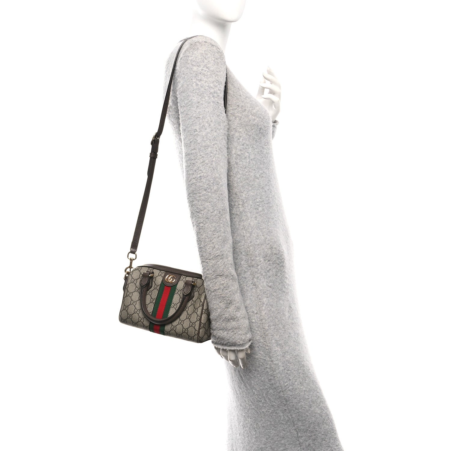 Gucci GG Supreme Monogram Textured Dollar Calfskin Web Mini Ophidia Top Handle Bag Beige Ebony New Acero