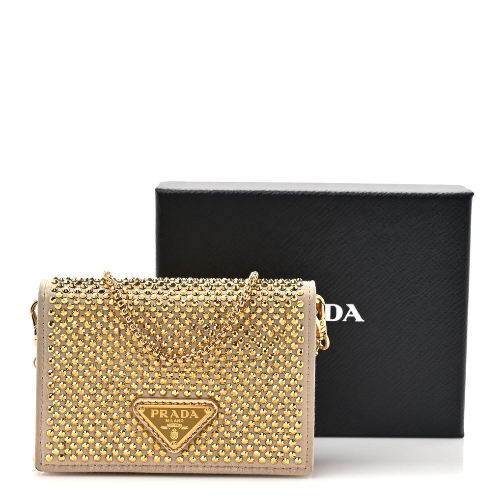 Prada Satin Crystal Metal Triangle Logo Card Holder With Strap Platino