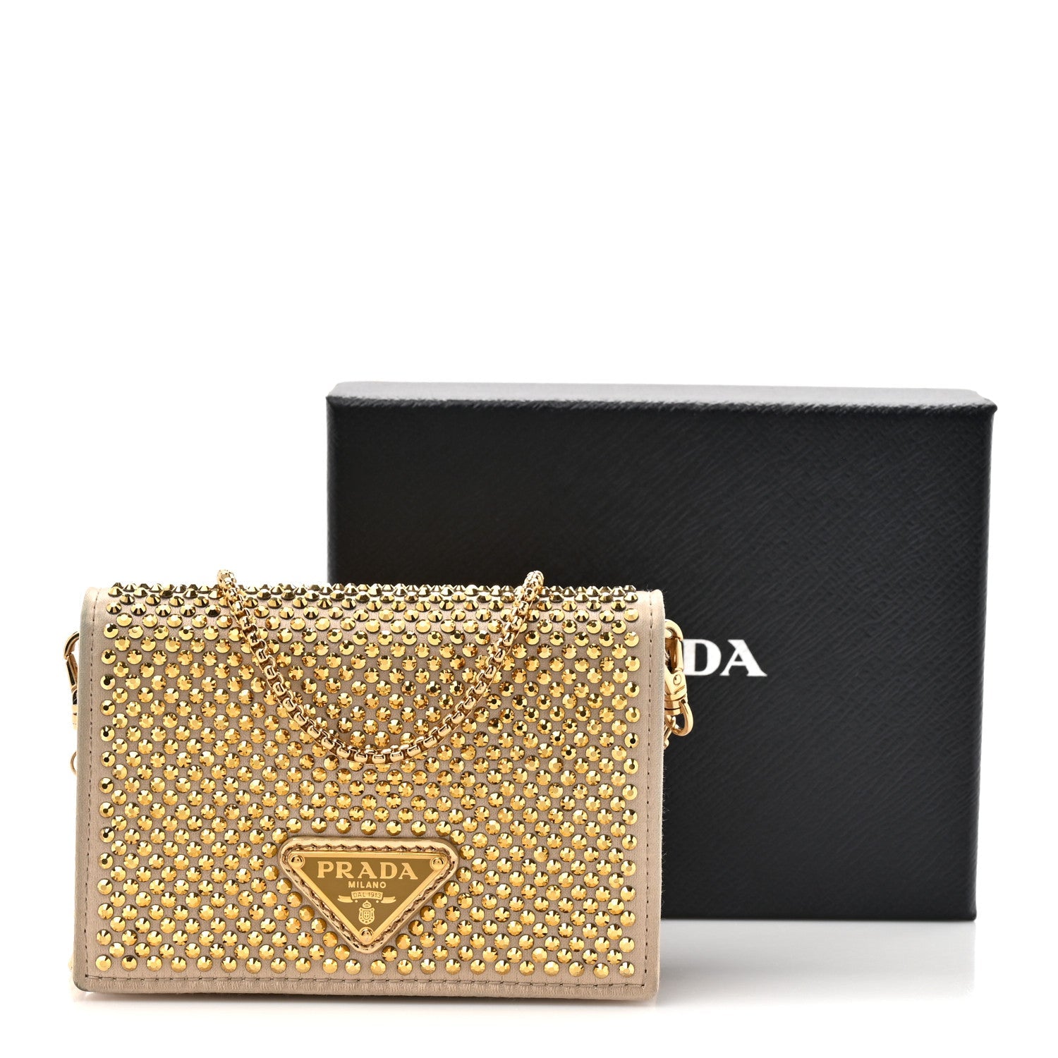 Prada Satin Crystal Metal Triangle Logo Card Holder With Strap Platino
