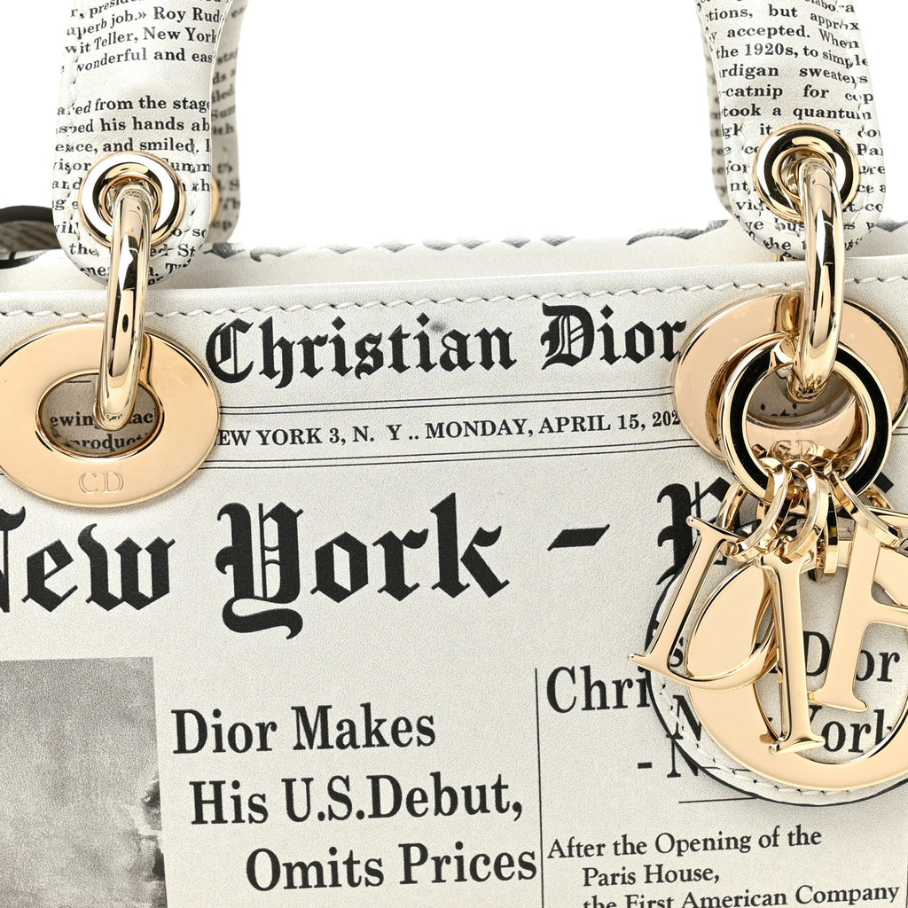 Christian Dior Calfskin Newspaper Printed Small Lady D-Joy Black White