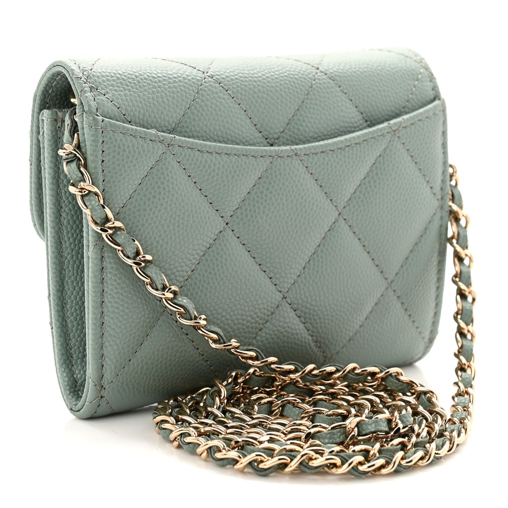 Caviar Quilted Flap Card Holder On Chain Light Green