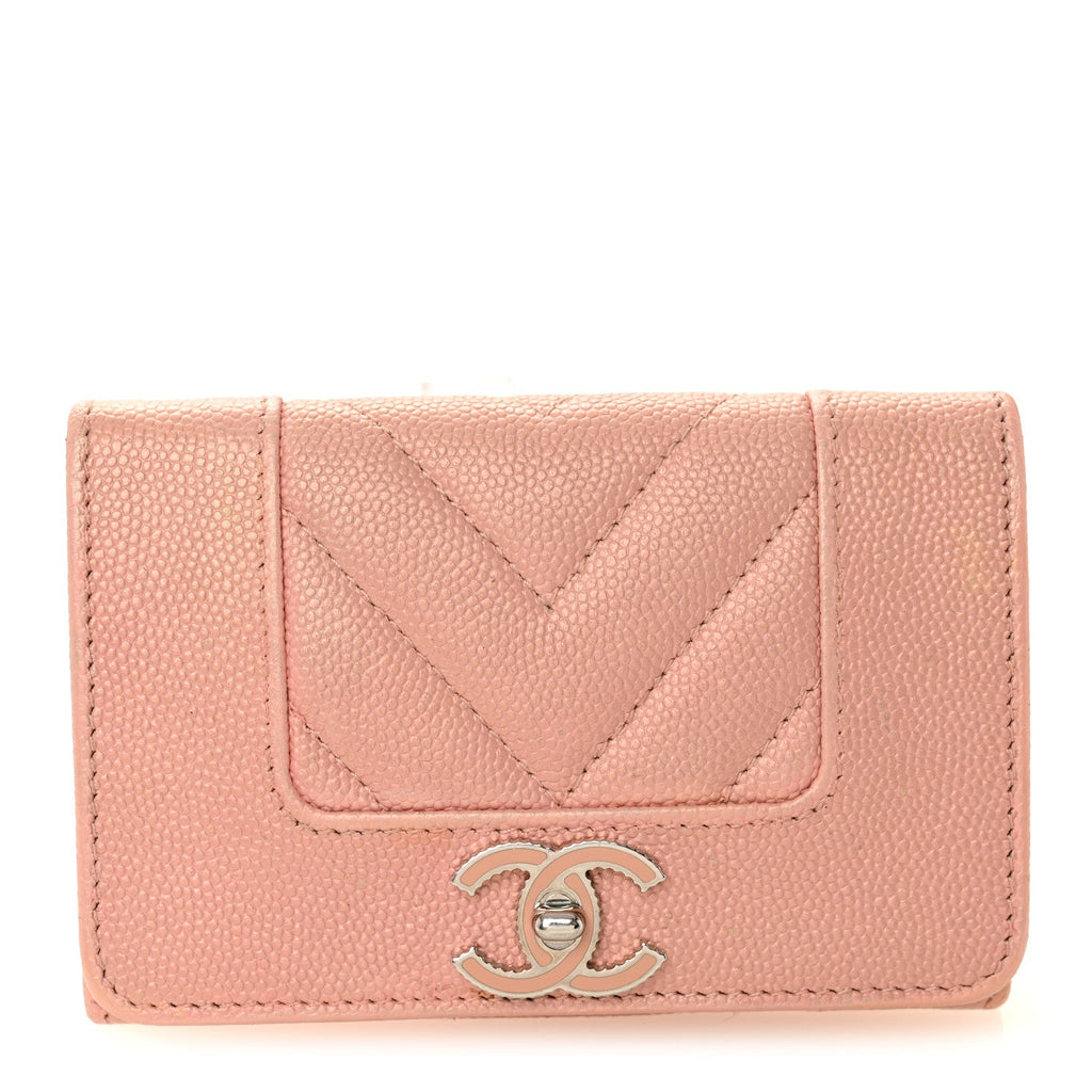 Metallic Caviar Chevron Quilted Vintage Mademoiselle Flap Card Holder Pink