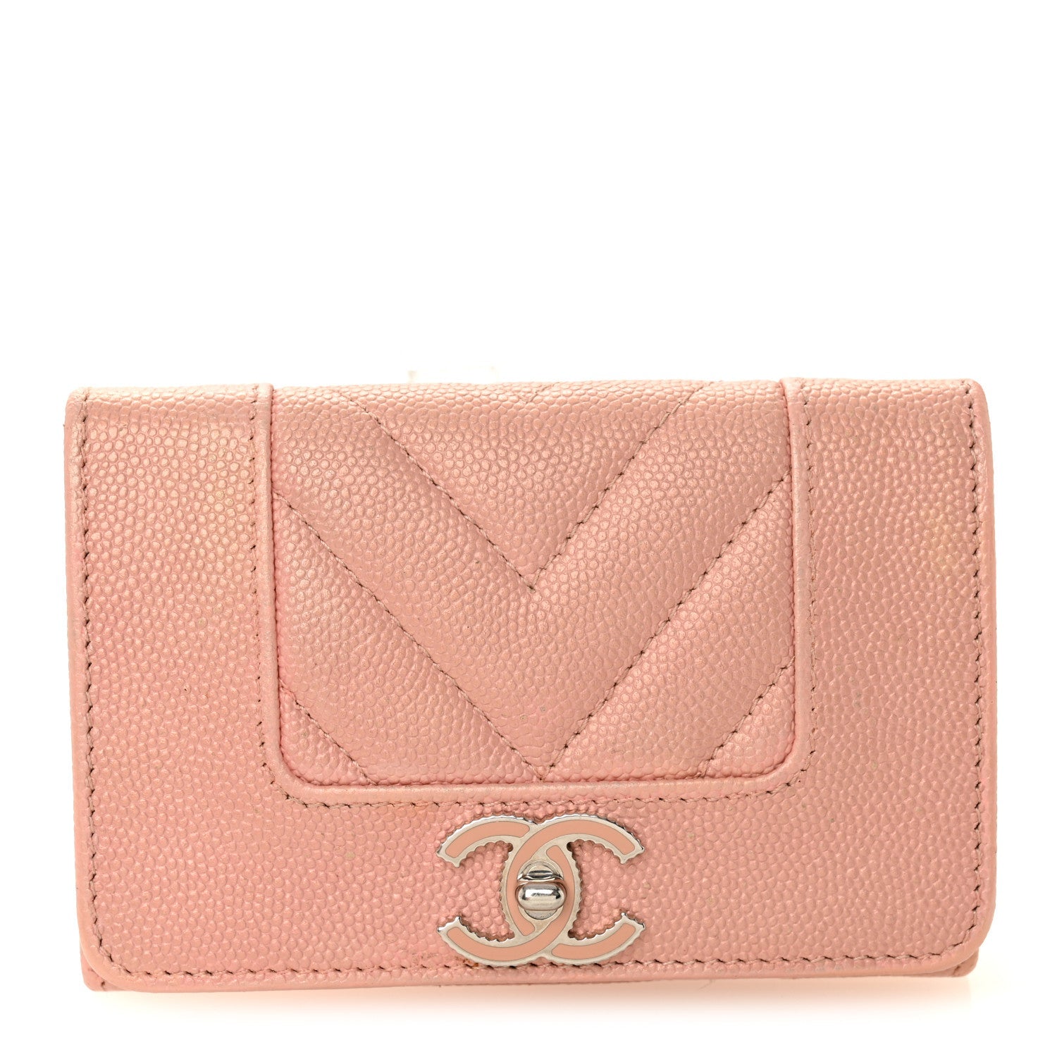 Metallic Caviar Chevron Quilted Vintage Mademoiselle Flap Card Holder Pink