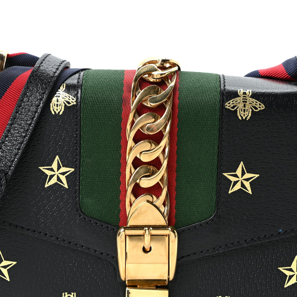 Gucci Textured Calfskin Bee Star Print Small Sylvie Shoulder Bag Black