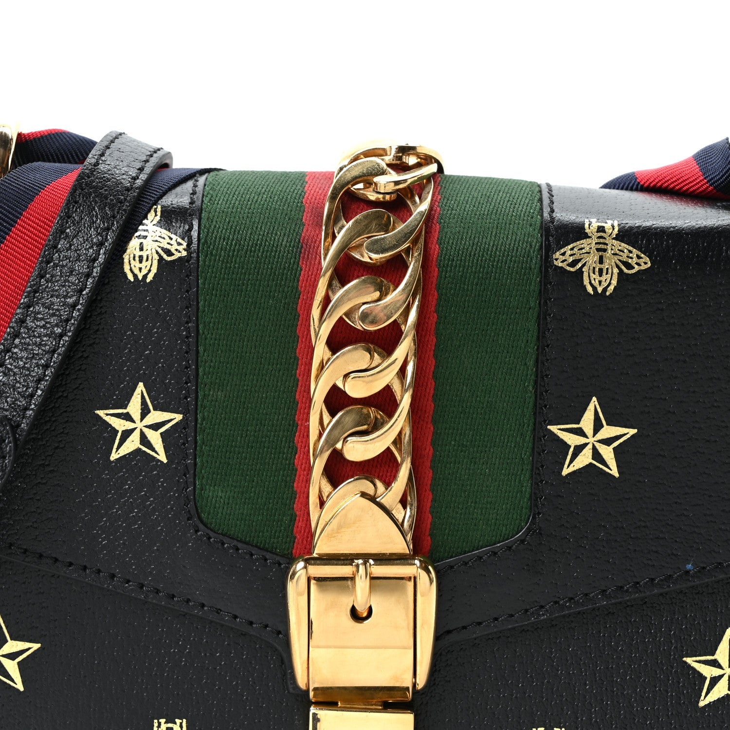 Gucci Textured Calfskin Bee Star Print Small Sylvie Shoulder Bag Black