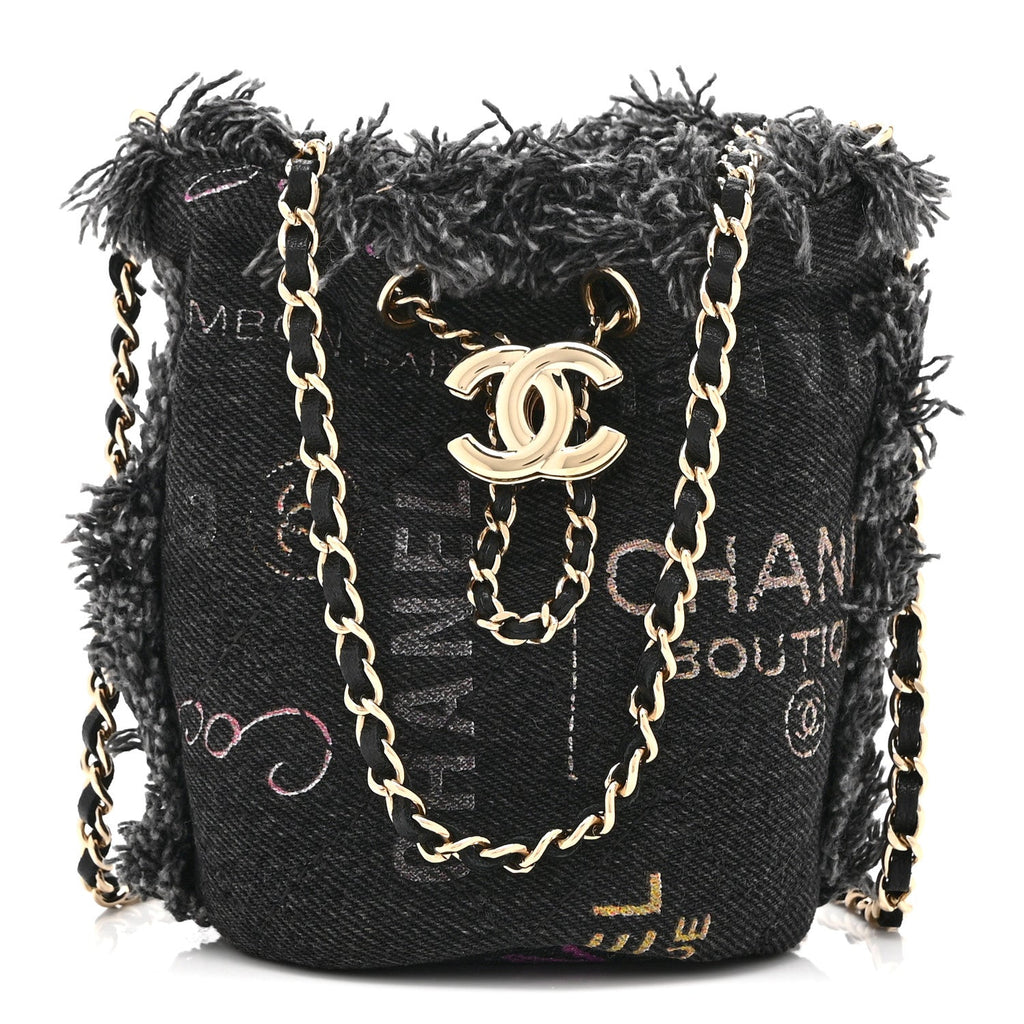 Chanel Denim Quilted Mood Mini Bucket With Chain Black Multicolor