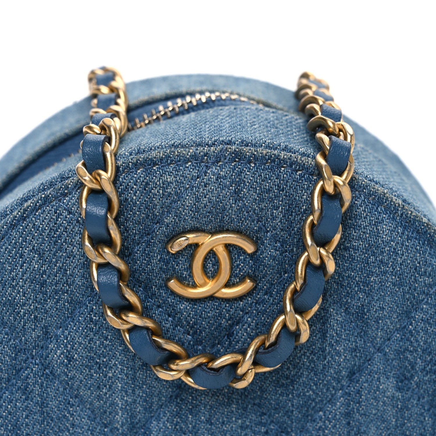 Chanel Denim Quilted Round Pearl Crush Clutch With Chain Blue