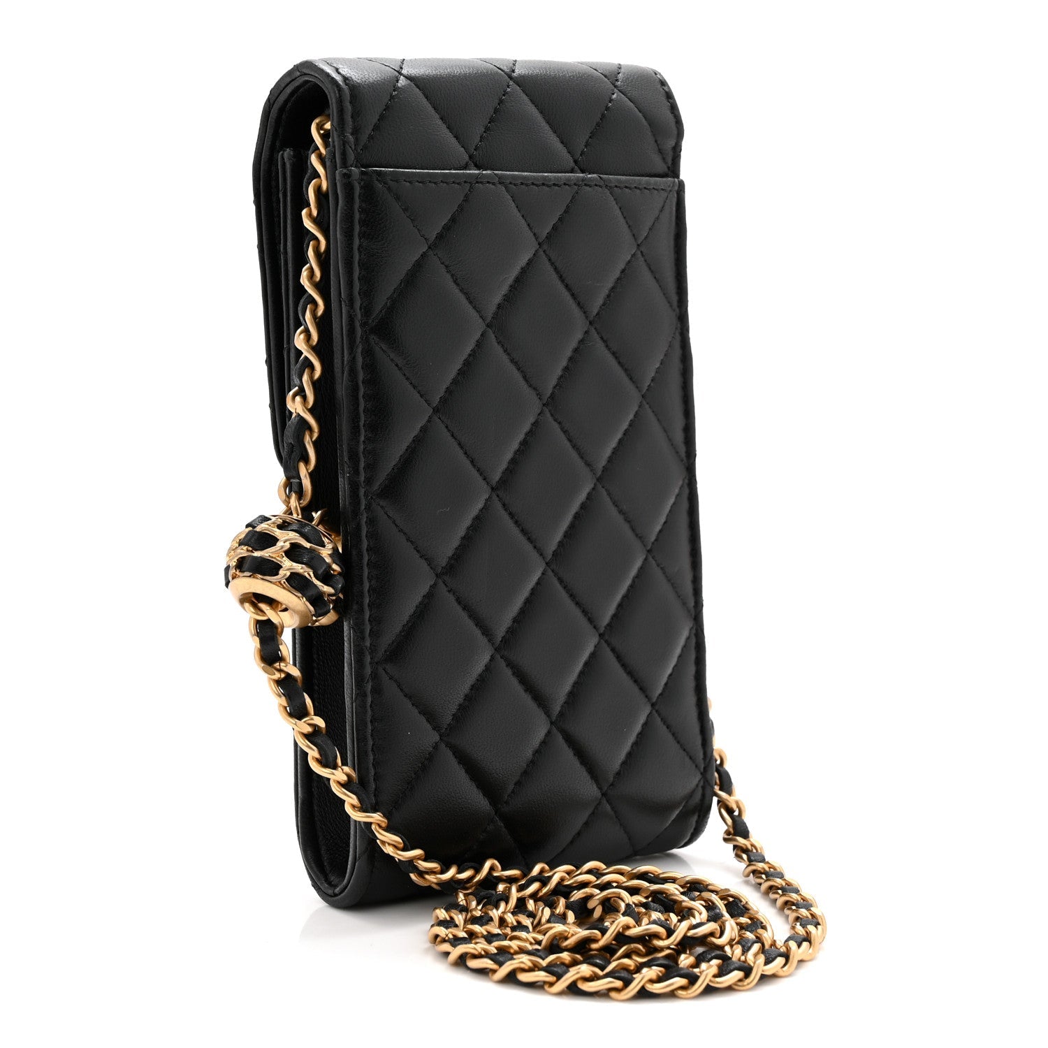 Lambskin Quilted Pearl Crush Phone Holder With Chain Black