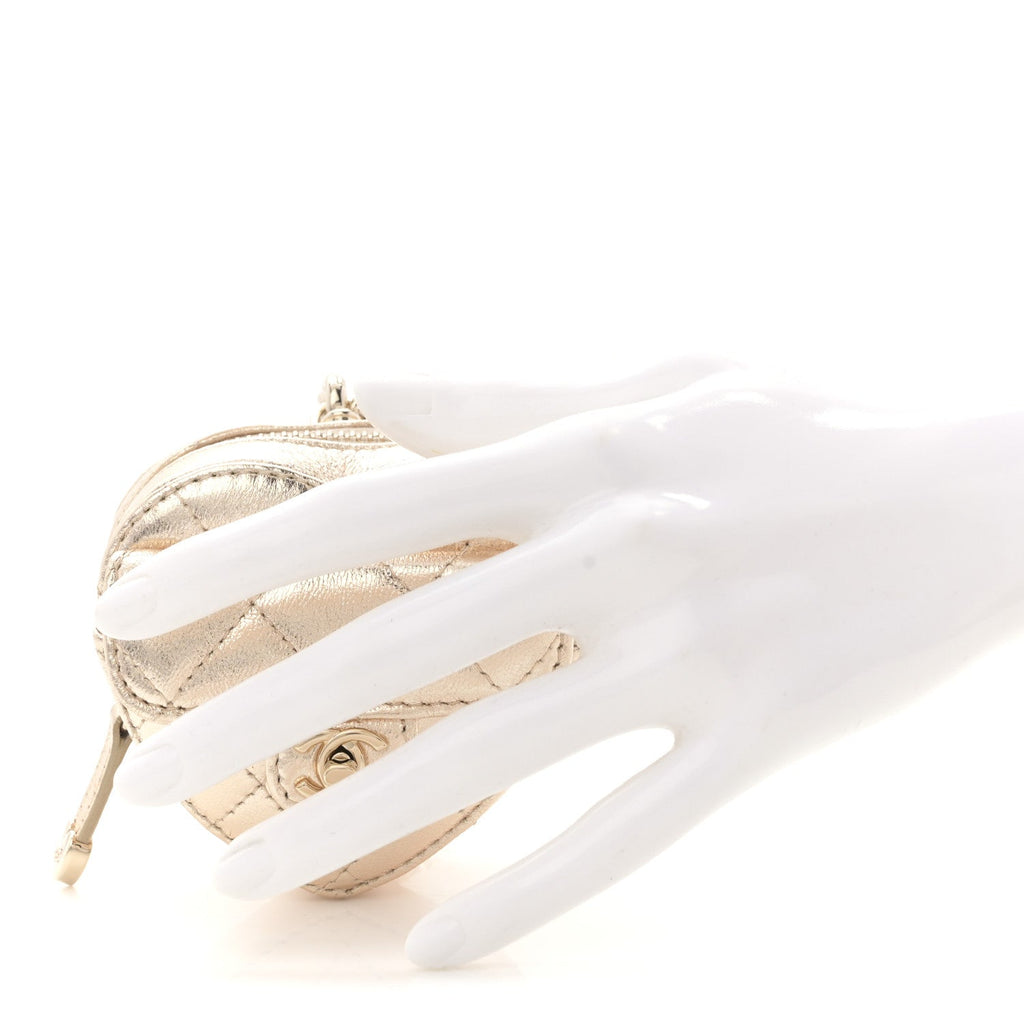 Metallic Lambskin Quilted CC In Love Mini Heart Bag Charm Gold