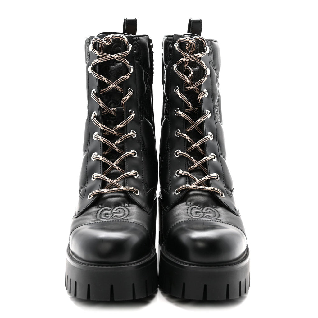 Gucci Cordovan Lux Nappa GG Matelasse Lace Up 60mm Combat Boots 40 Black