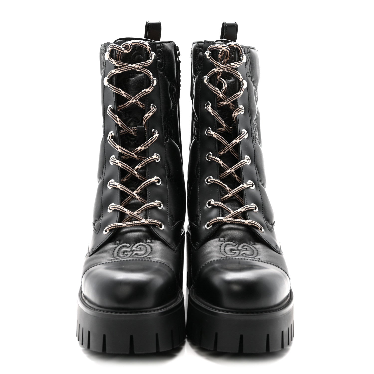 Gucci Cordovan Lux Nappa GG Matelasse Lace Up 60mm Combat Boots 40 Black