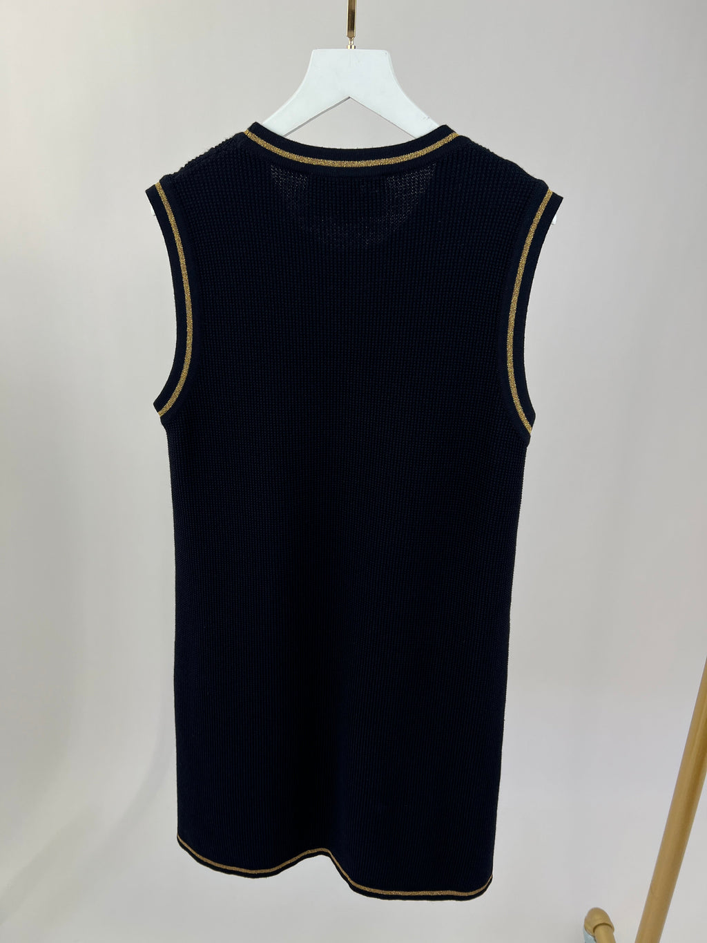 Gucci Navy Knitted Mini Dress with Gold Chain Pocket Details Size IT S (UK 8)