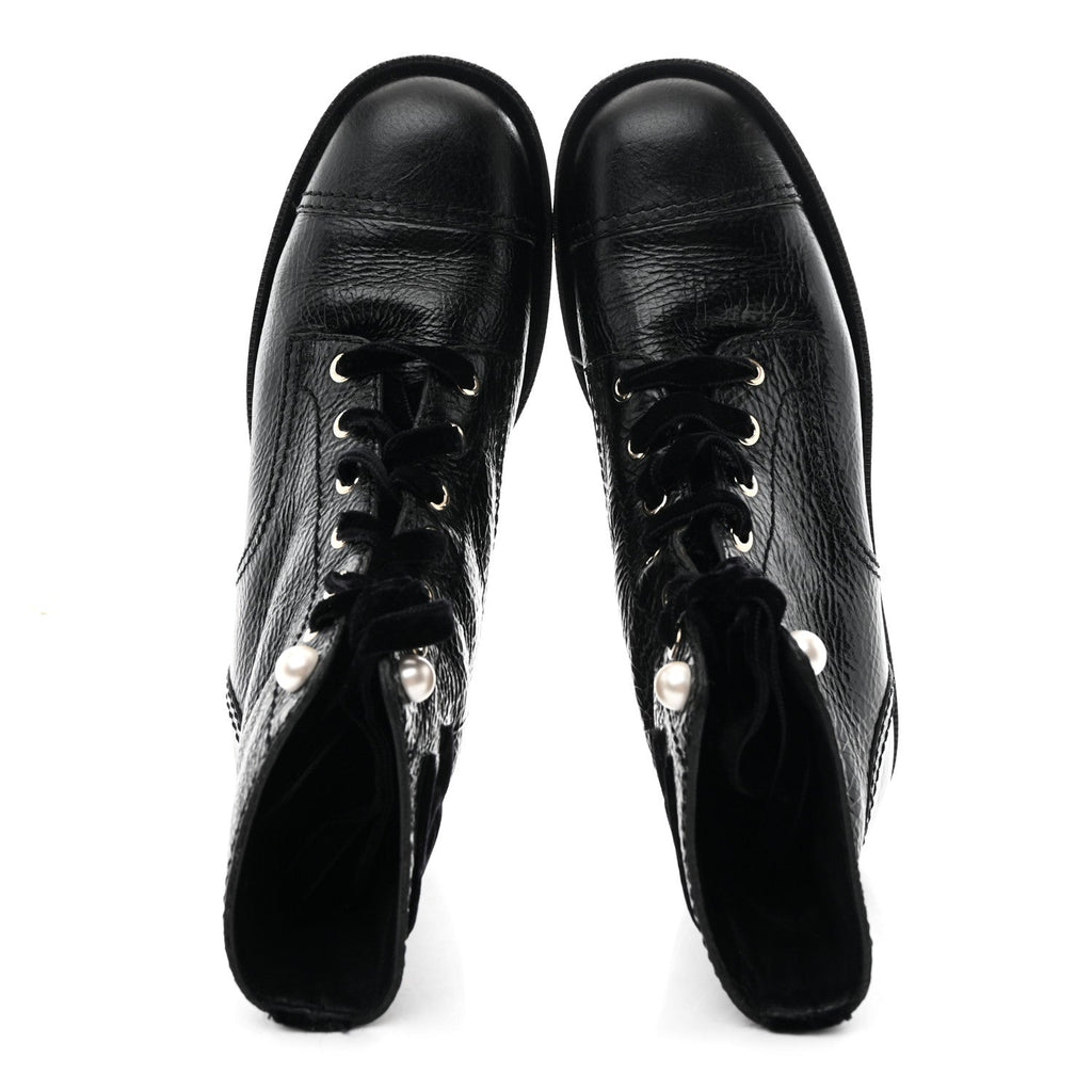 Chanel Shiny Calfskin Velvet Pearl Combat Short Boots 39 Black