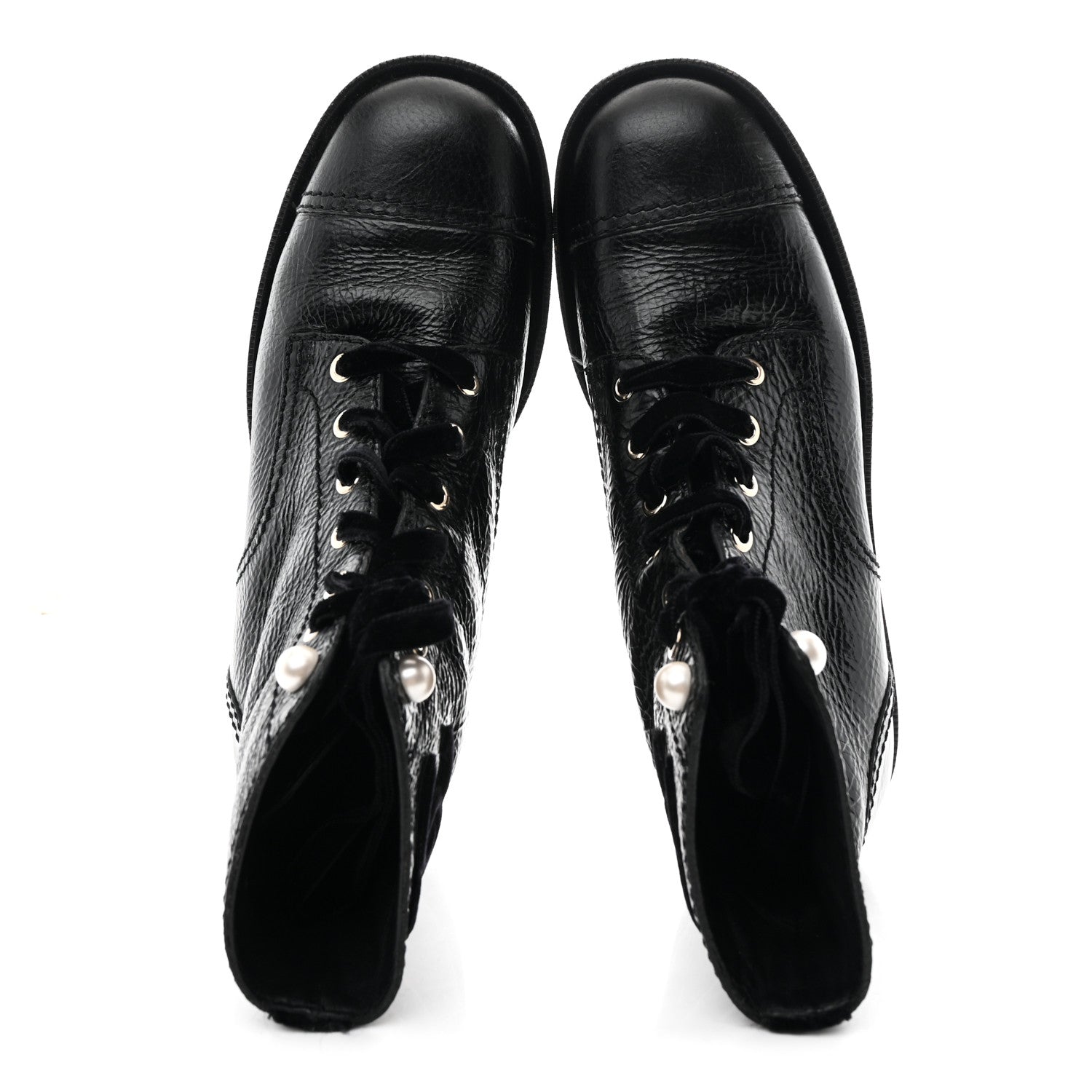 Chanel Shiny Calfskin Velvet Pearl Combat Short Boots 39 Black