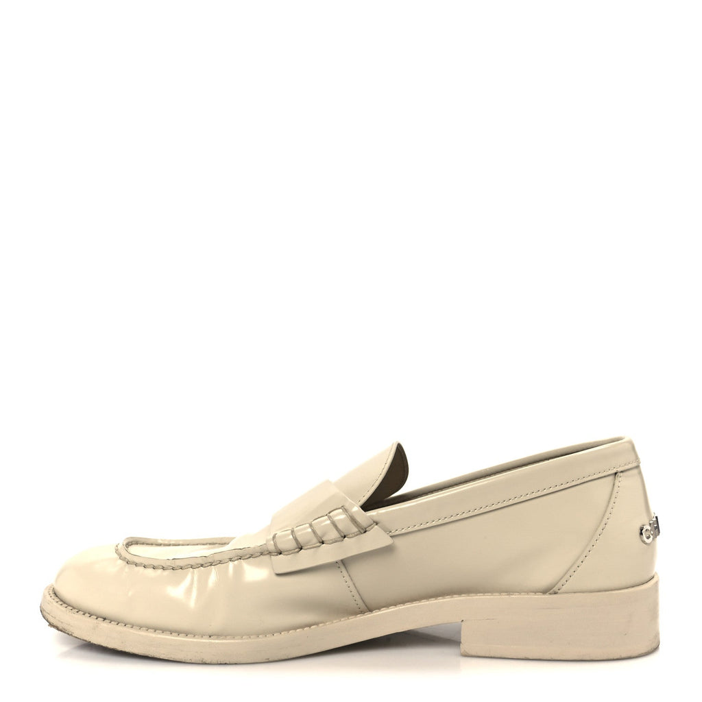 Chanel Shiny Calfskin Logo Loafers 38.5 Beige