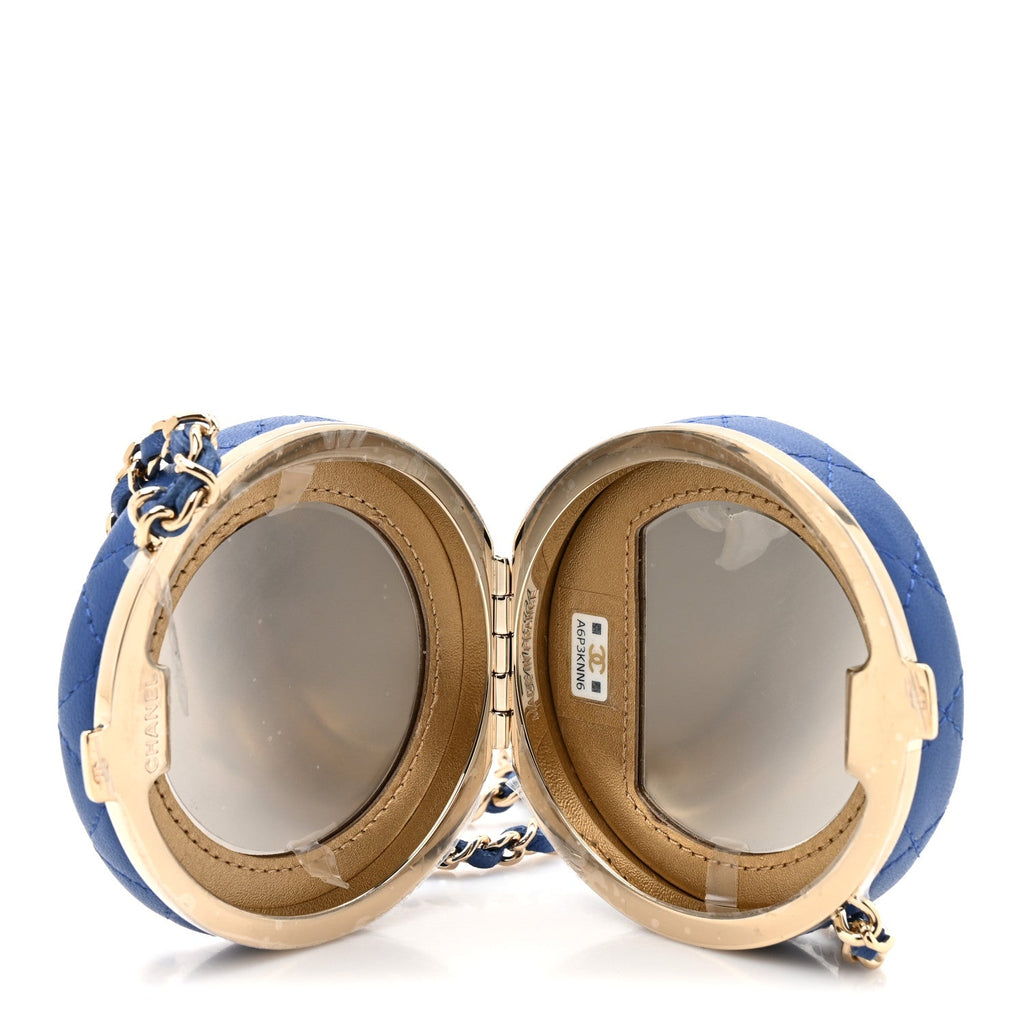 Chanel Lambskin Enamel Quilted Round Poker Chip Clutch With Chain Blue White
