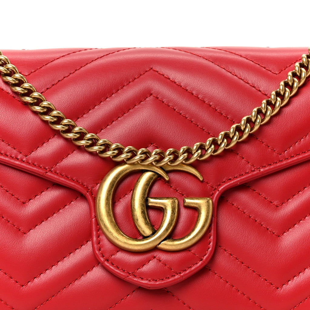 Gucci Calfskin Matelasse GG Marmont Chain Wallet Hibiscus Red
