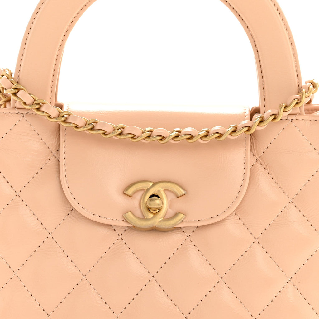 Chanel Shiny Aged Calfskin Quilted Nano Kelly Shopper Beige