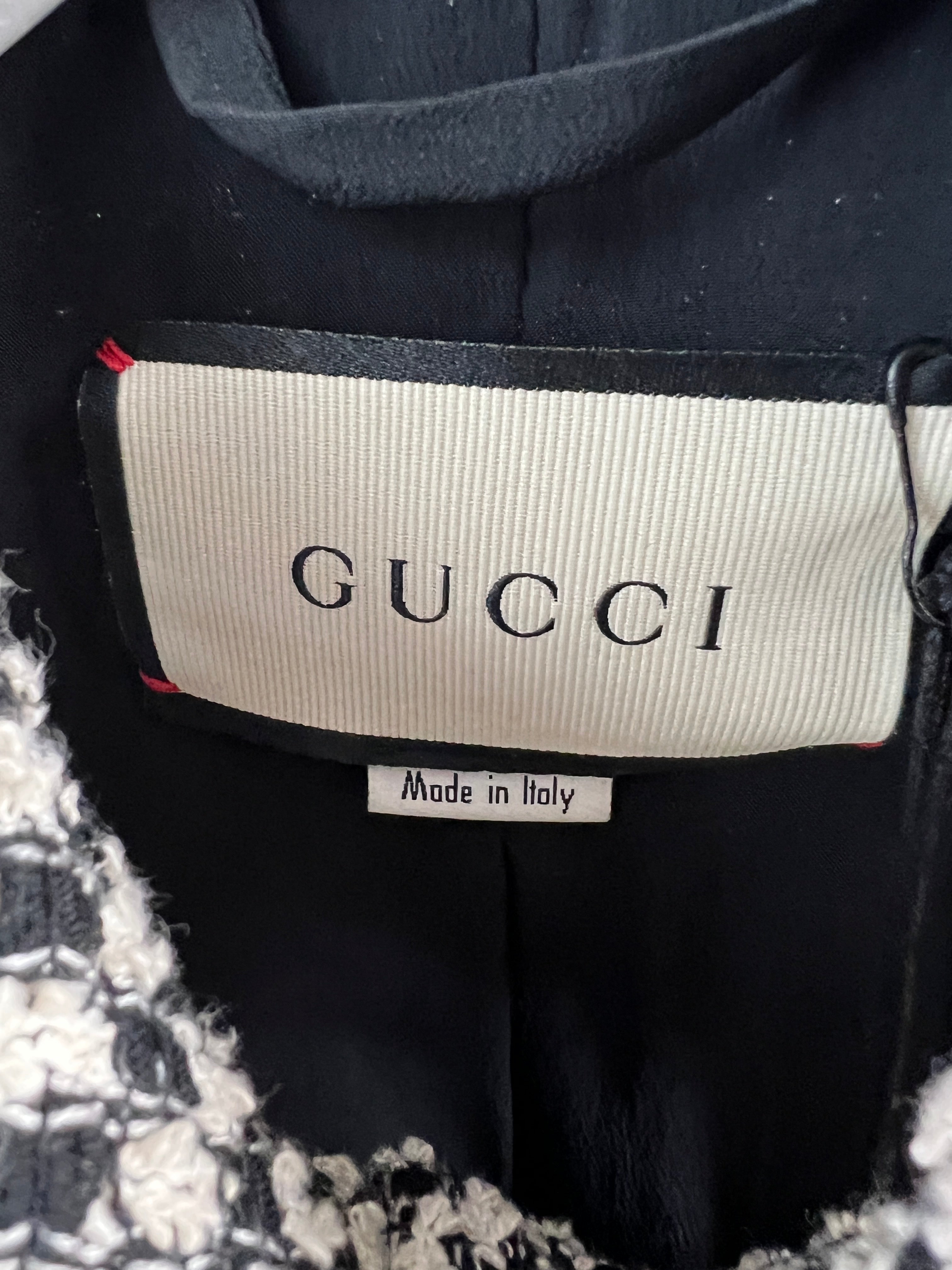 Gucci Black and White Tweed Jacket with Lace Detail and GG Buttons Size IT 36 (UK 4)