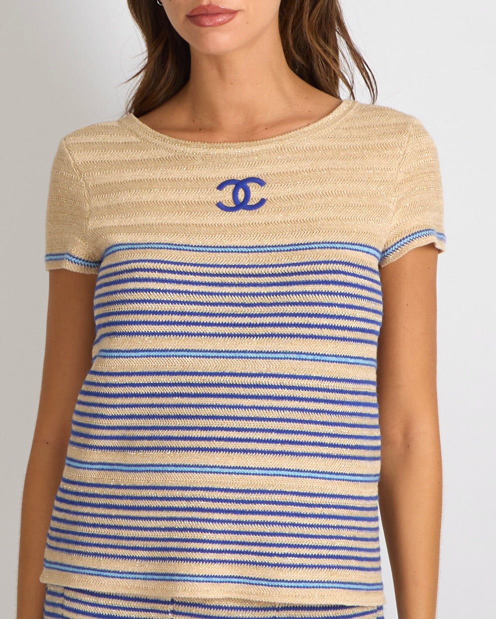 Chanel Cruise 2019 Beige, Gold and Blue Striped Linen Mini Skirt and Top Set with CC Logo and CC Logo Gold Buttons Size FR 36/38 (UK 8/10)