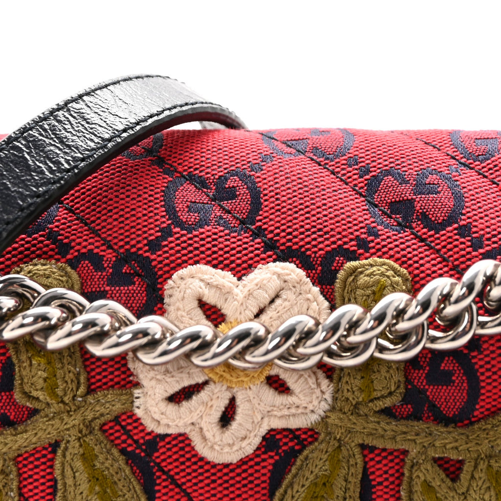 Gucci Monogram Multicolor Matelasse Diagonal Floral Embroidered Super Mini GG Marmont Shoulder Bag Red Blue Multicolor