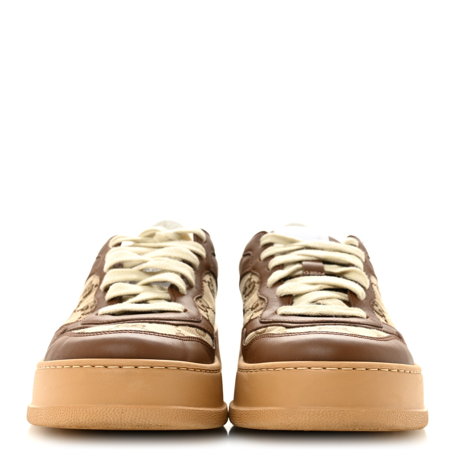 Gucci Calfskin GG Monogram Womens Platform 55mm Sneakers 38.5 Hezelnut Beige Ebony Mystic White