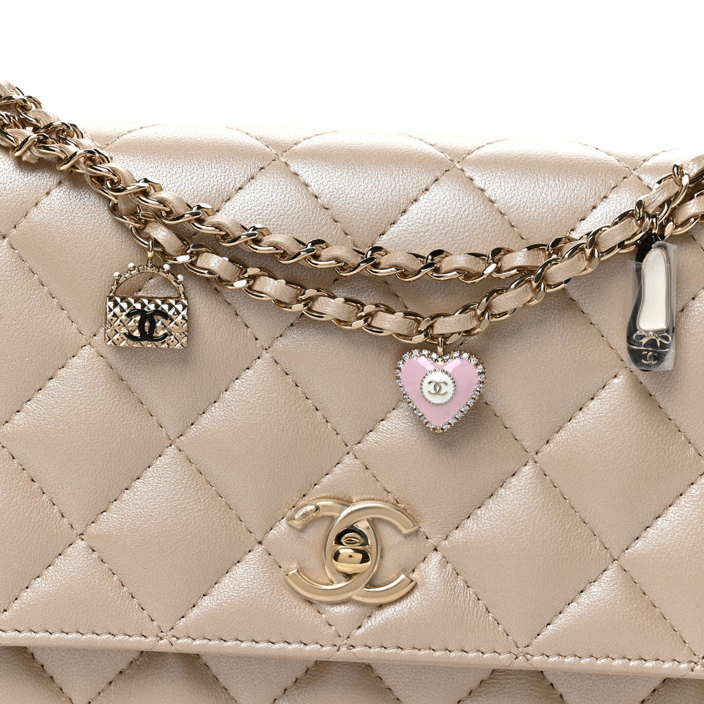 Chanel Pearly Lambskin Quilted Charms Wallet On Chain WOC Beige