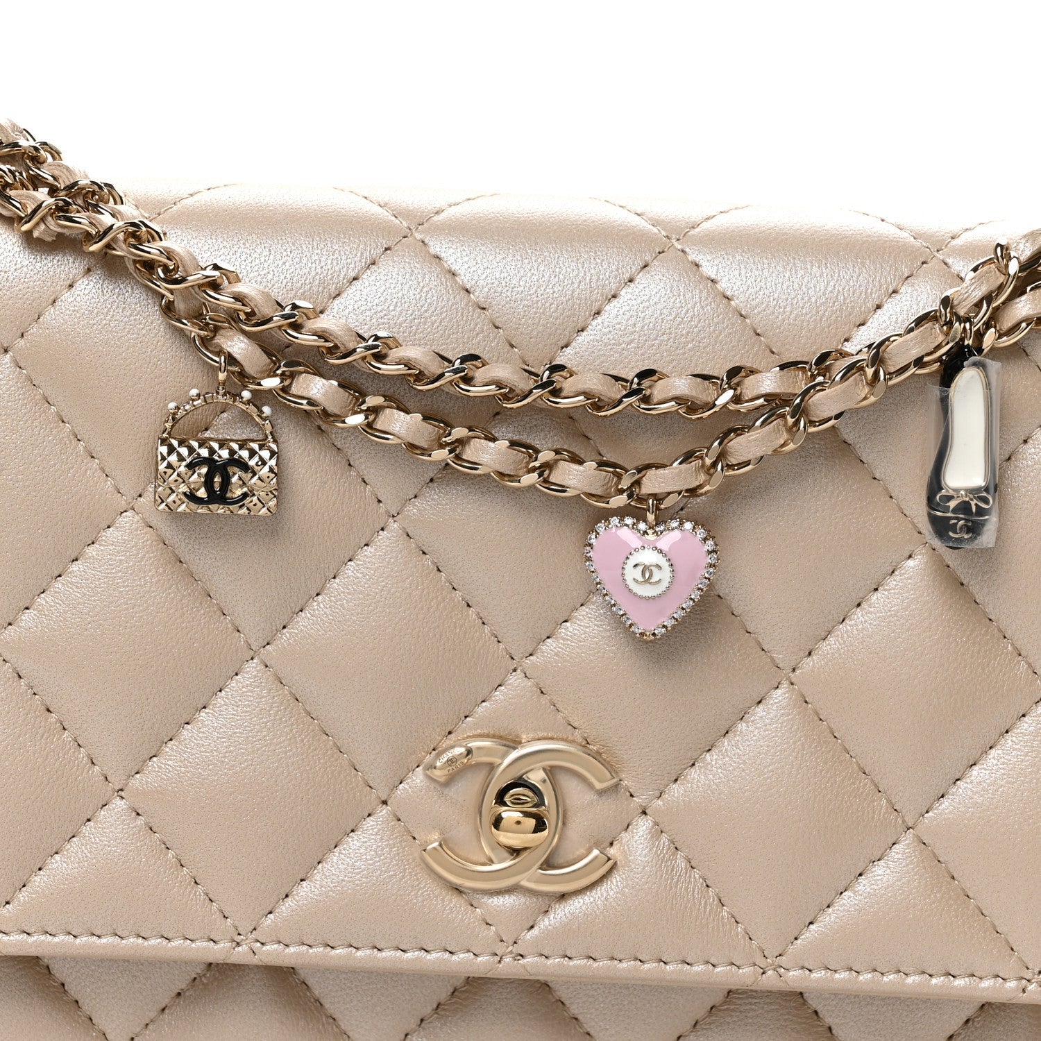 Chanel Pearly Lambskin Quilted Charms Wallet On Chain WOC Beige