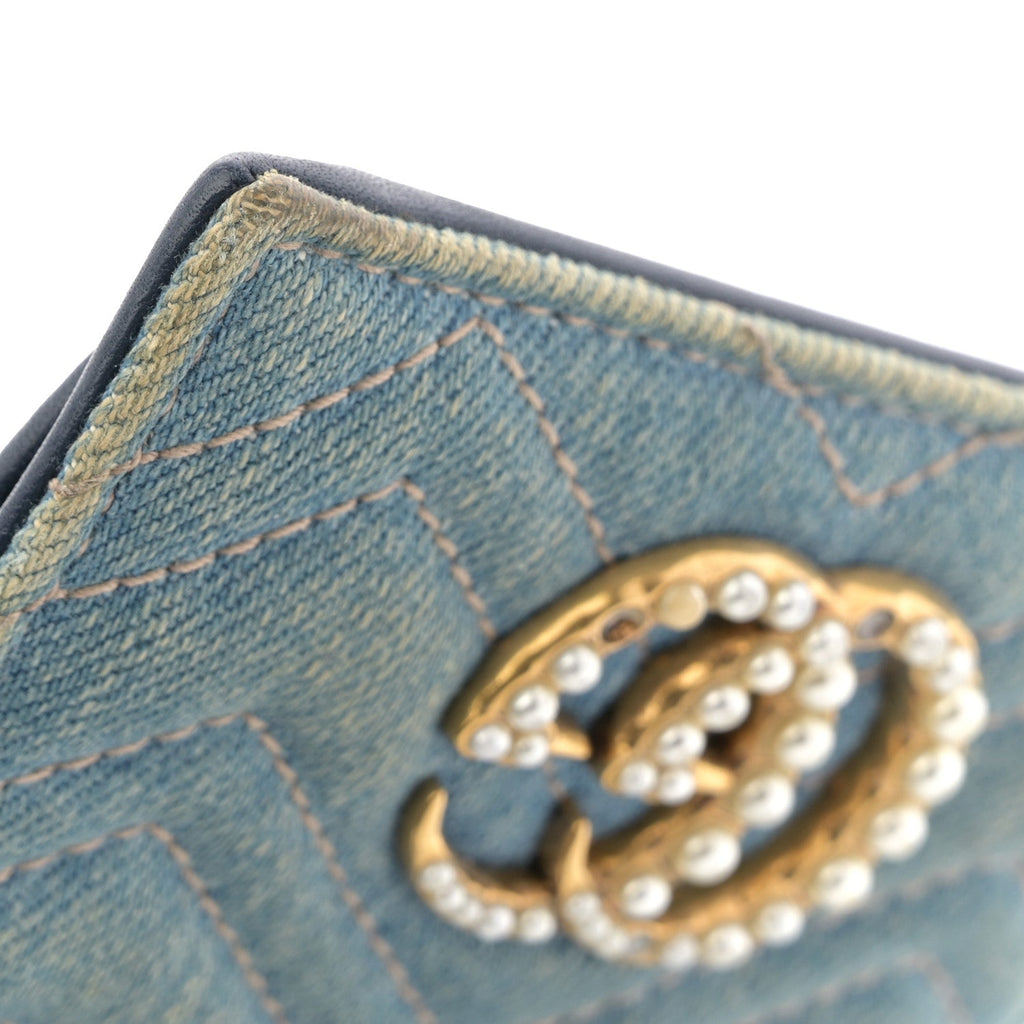 Gucci Denim Matelasse Pearly GG Marmont Card Case Wallet Blue