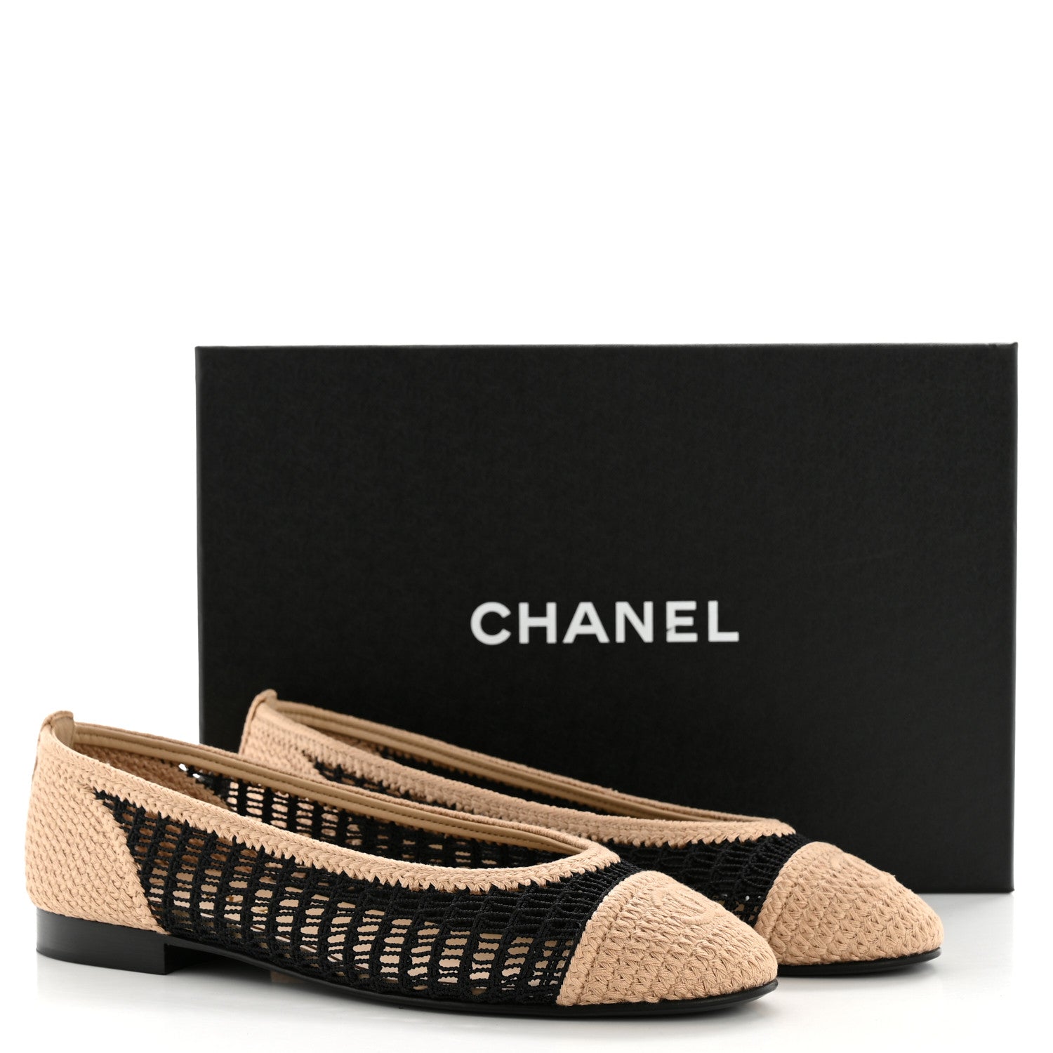 Raffia Cap Toe Ballerina Flats 40 Black Beige