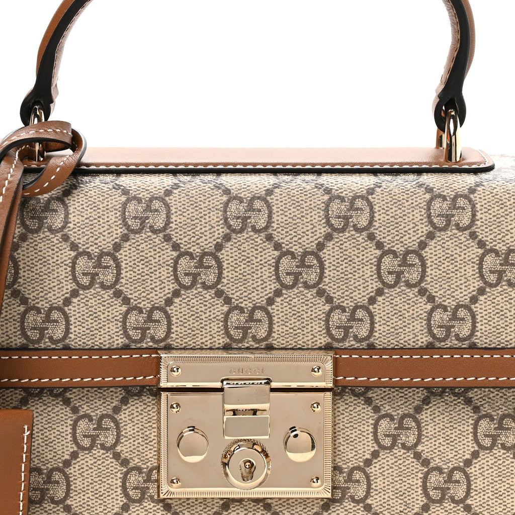 Gucci GG Supreme Monogram Small Padlock Top Handle Shoulder Bag Beige Ebony Dark Brown