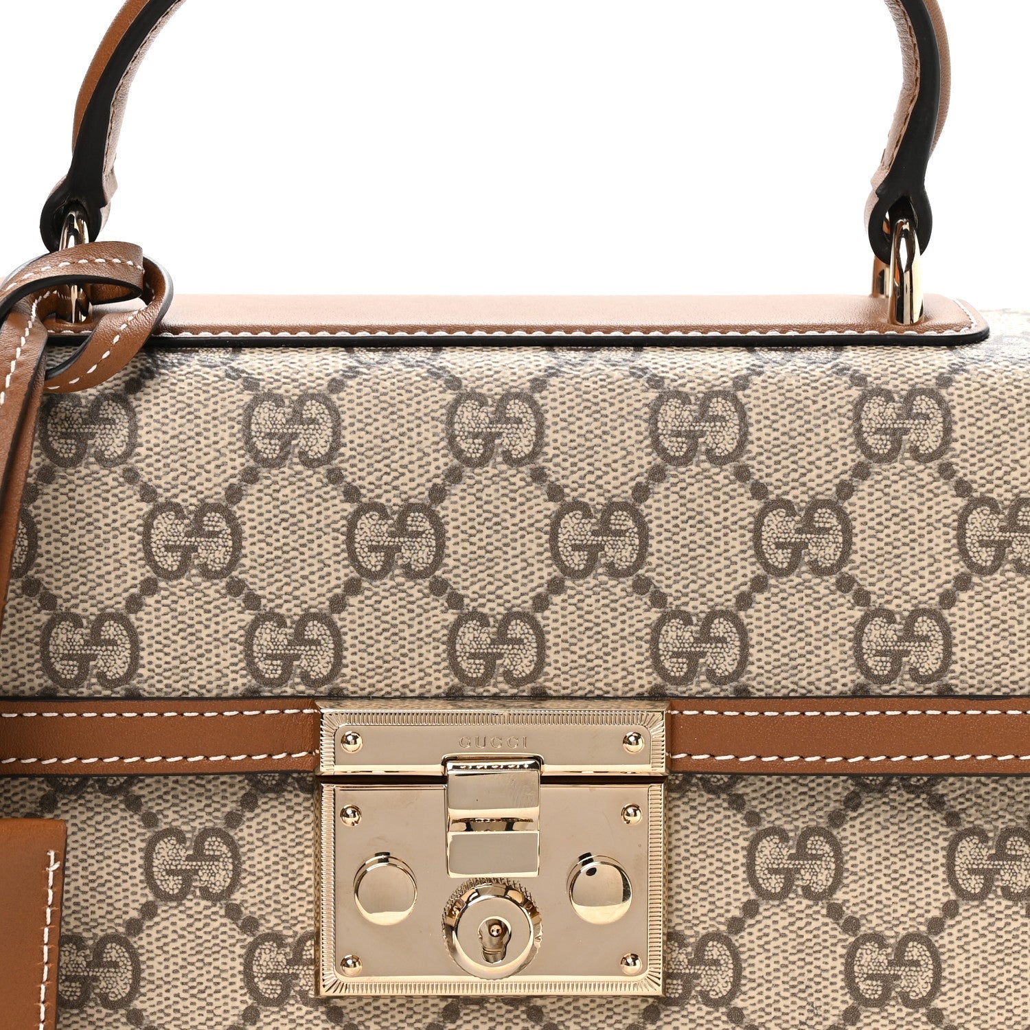 Gucci GG Supreme Monogram Small Padlock Top Handle Shoulder Bag Beige Ebony Dark Brown