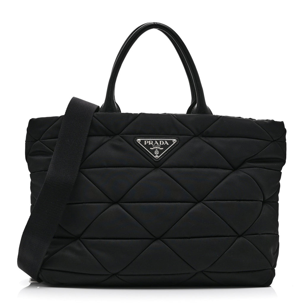 Prada Re-Nylon Nappa Triangle Quilted Padded Medium Double Handled Zip Tote Black