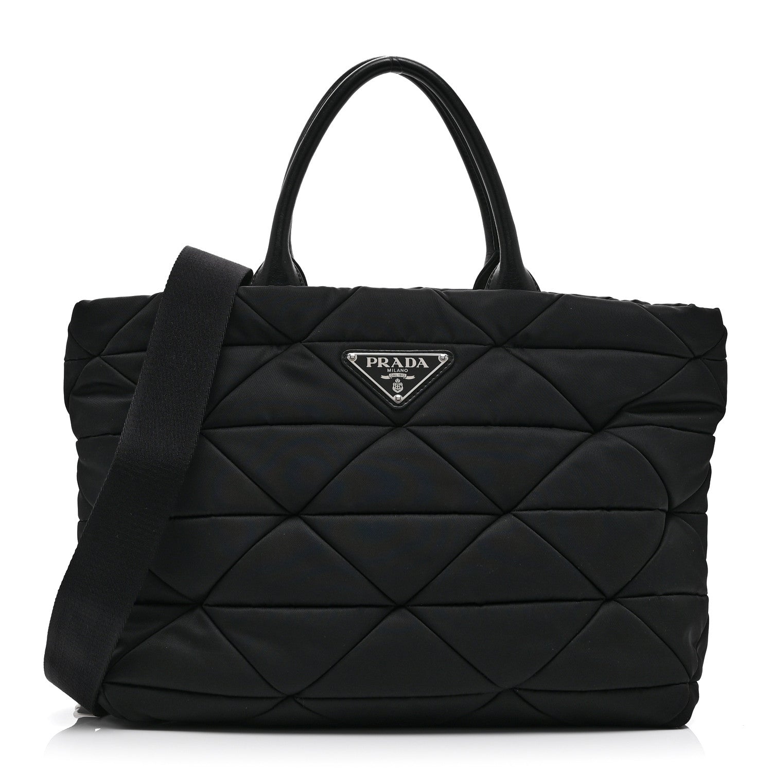 Prada Re-Nylon Nappa Triangle Quilted Padded Medium Double Handled Zip Tote Black