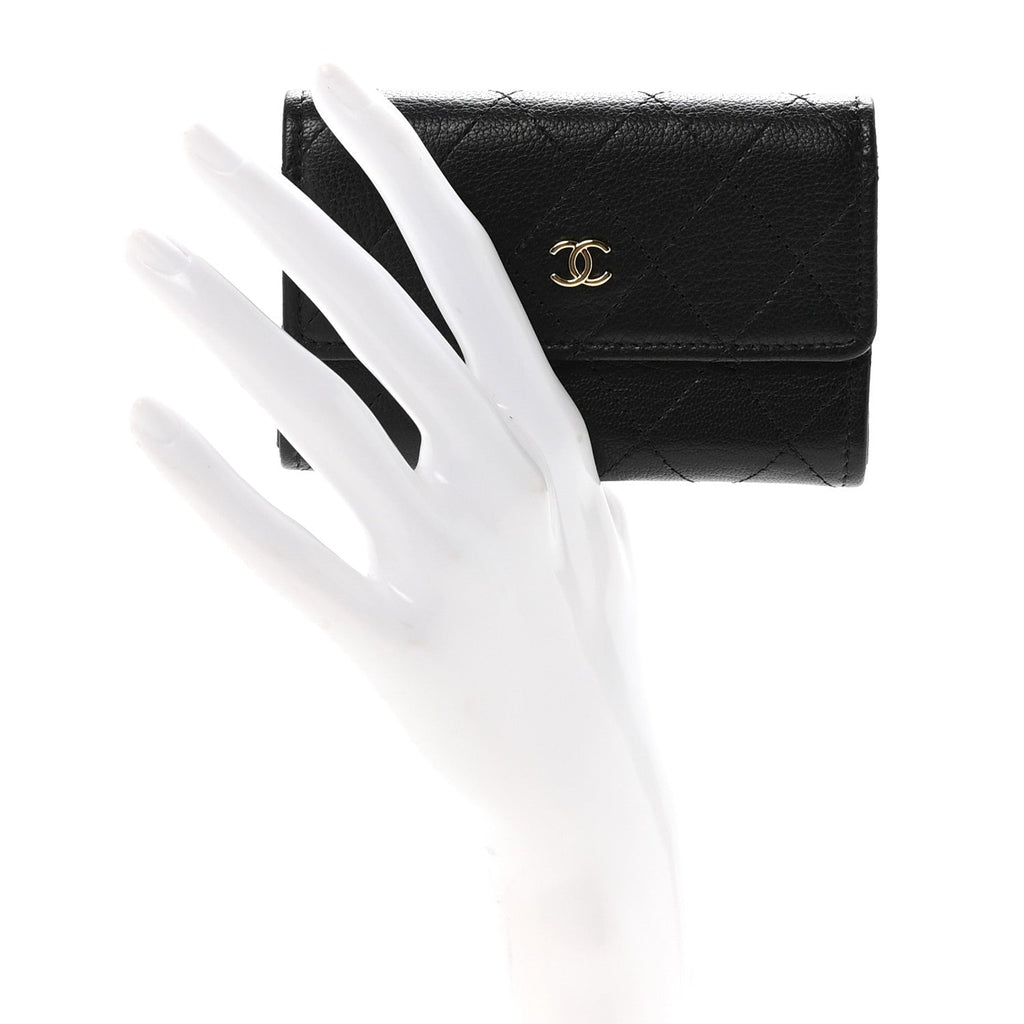 Goatskin Quilted Flap Card Holder Black