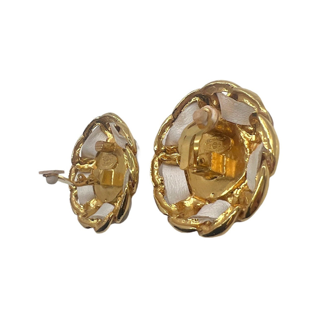 Vintage Chanel Peach Synthetic Pearl Leather & Chain Earrings