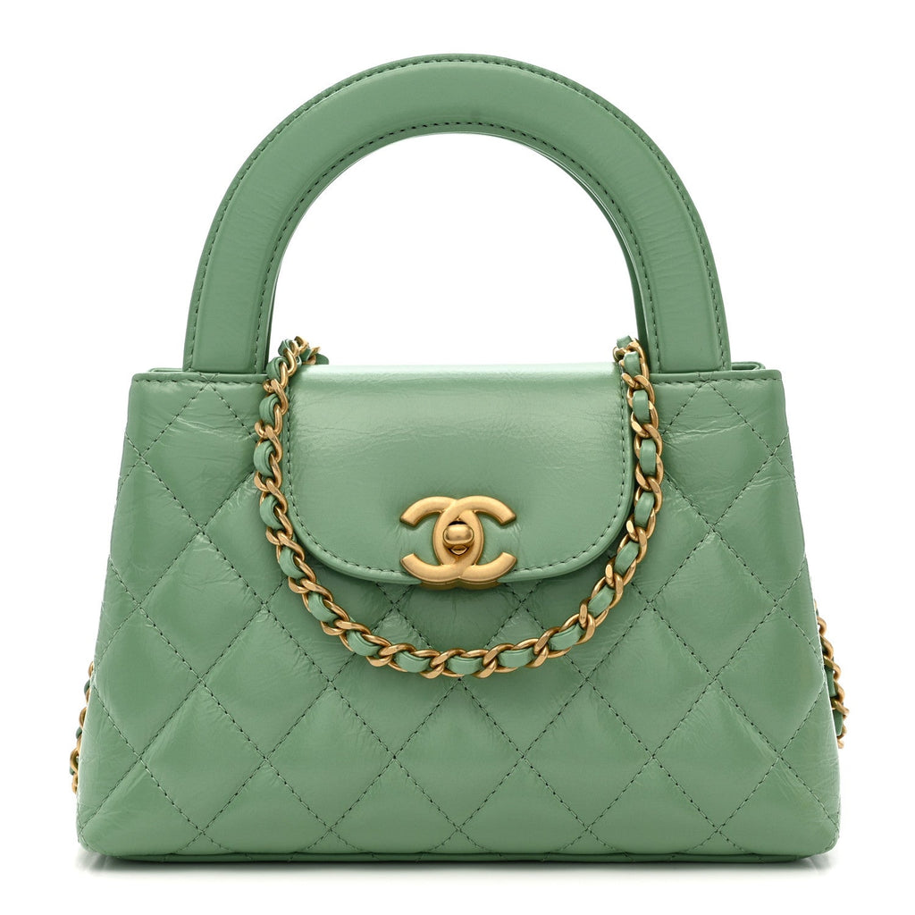 Chanel Shiny Aged Calfskin Quilted Nano Kelly Shopper Light Green