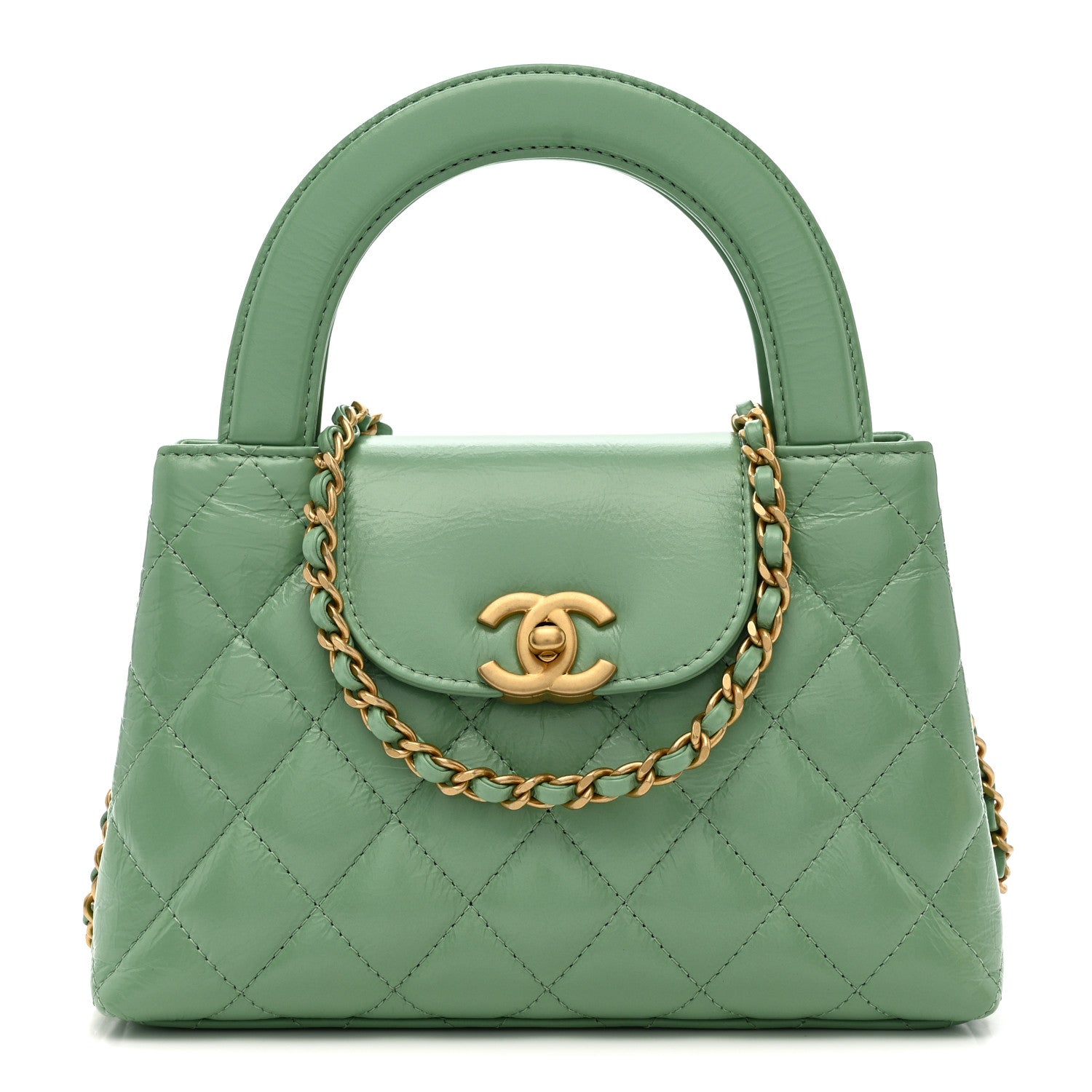 Chanel Shiny Aged Calfskin Quilted Nano Kelly Shopper Light Green