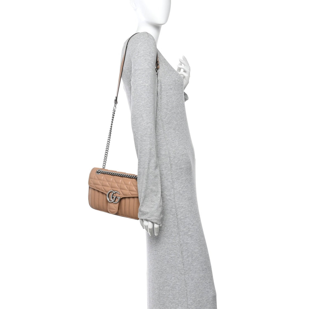 Gucci Calfskin Matelasse Aria Small GG Marmont Shoulder Bag Camelia