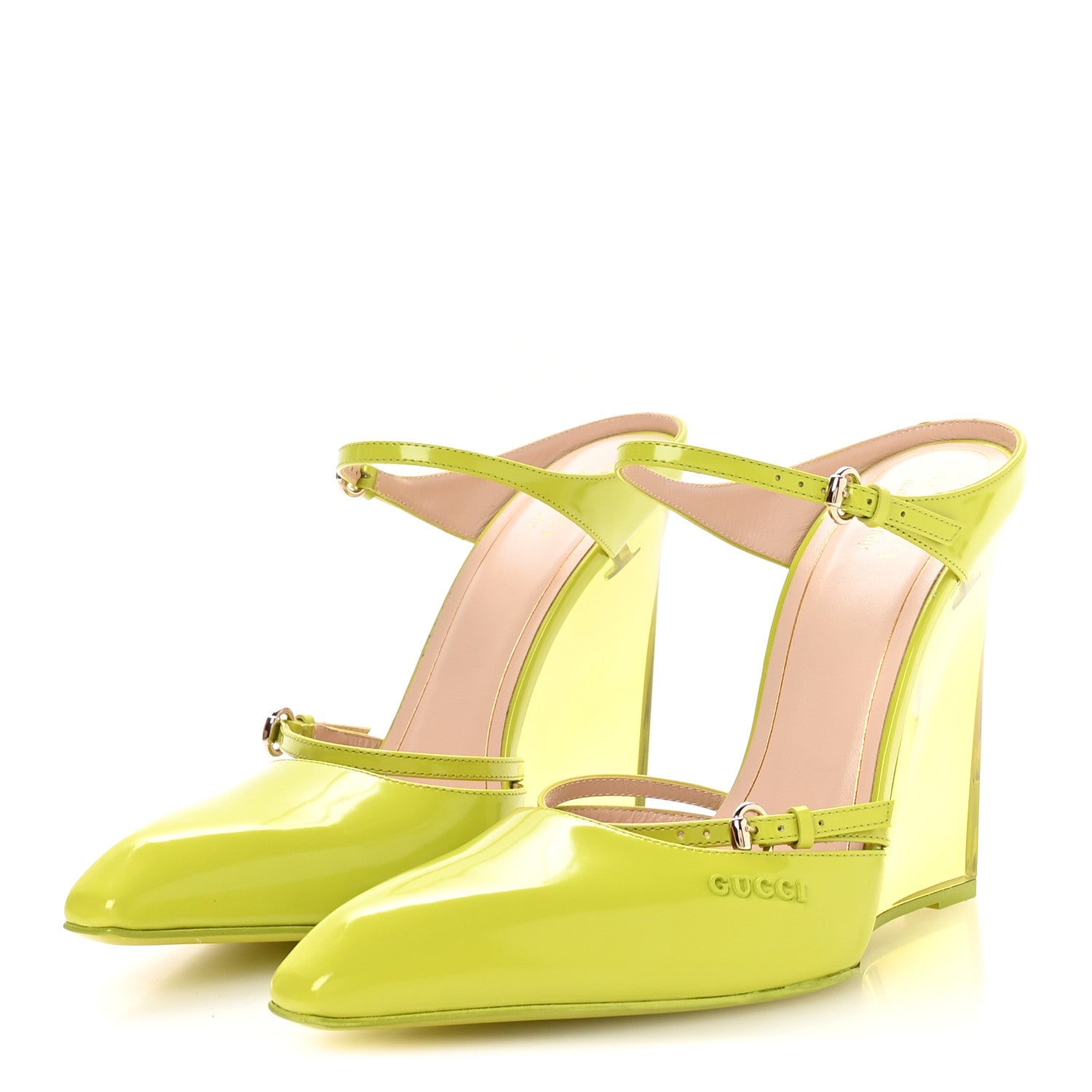 Gucci Regent Calfskin Lucite Wedge 110 Mules 39 Firefly
