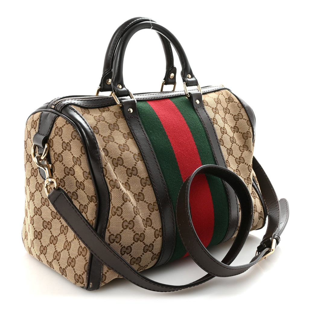 Gucci Monogram Selleria Calfskin Vintage Web Medium Boston Beige Ebony Cocoa