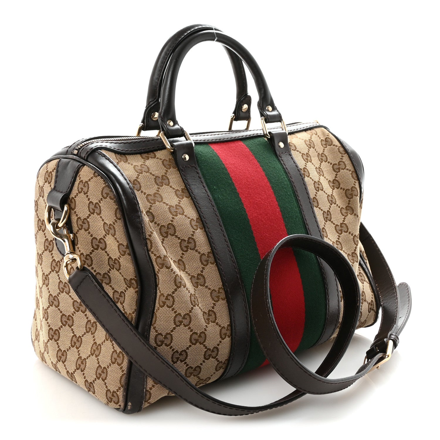 Gucci Monogram Selleria Calfskin Vintage Web Medium Boston Beige Ebony Cocoa