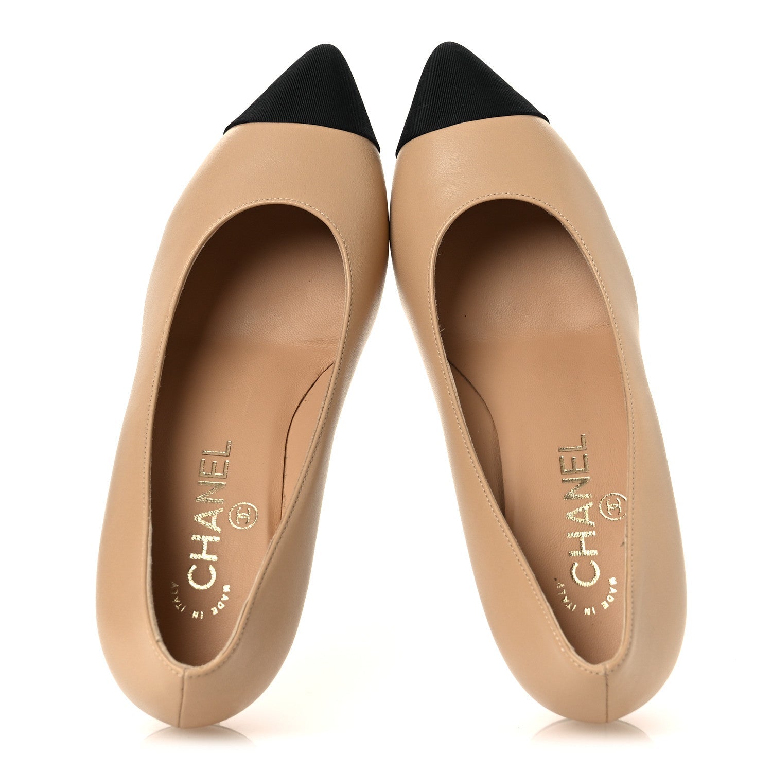 Lambskin Grosgrain Cap Toe CC Pearl Pumps 36.5 Beige Black