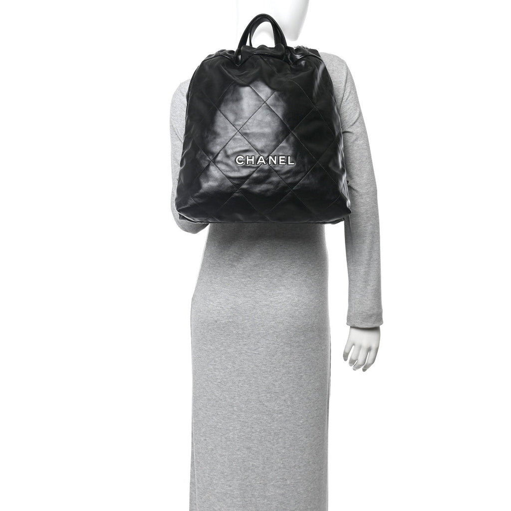 Chanel Shiny Calfskin Quilted Chanel 22 Backpack Black